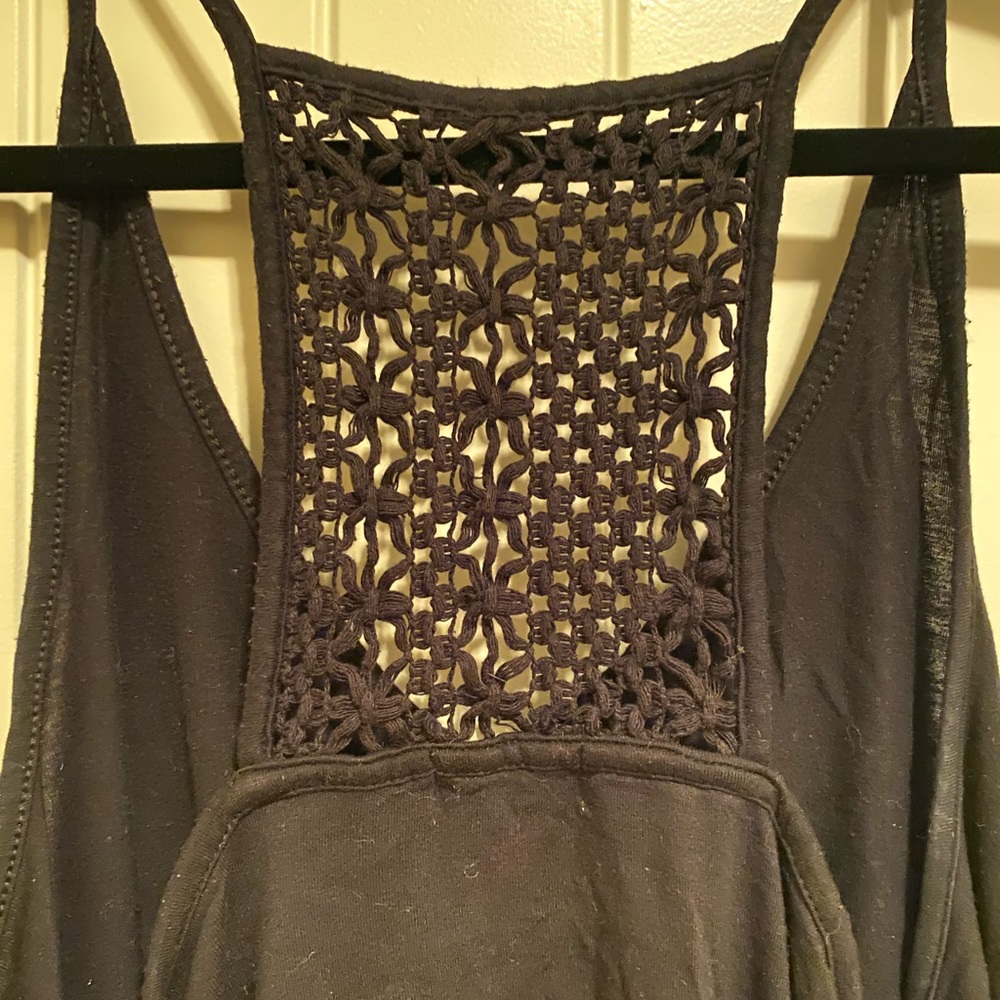 Black v neck racerback tank with crocheted back